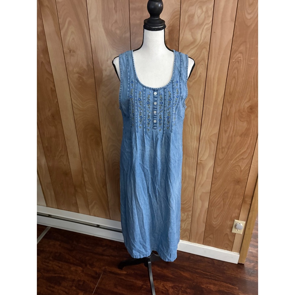 Basic Editions Denim Floral Embroidered Midi Dress Sleeveless Blue Cotton Small